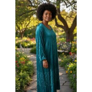 Roaman's Tiered Crinkle Velvet Teal Maxi Dress Embroidered Size 4X Boho Fairy